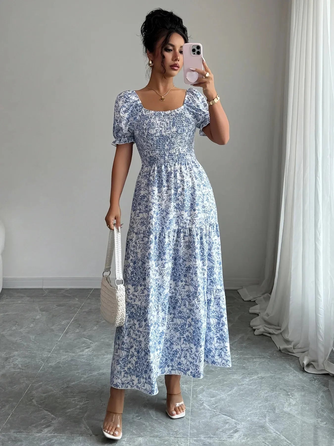 Smocked Printed Short Sleeve Dress - VILLA FASHION